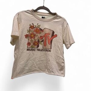 MTV Cropped Logo Tee in Cream with Brown Print